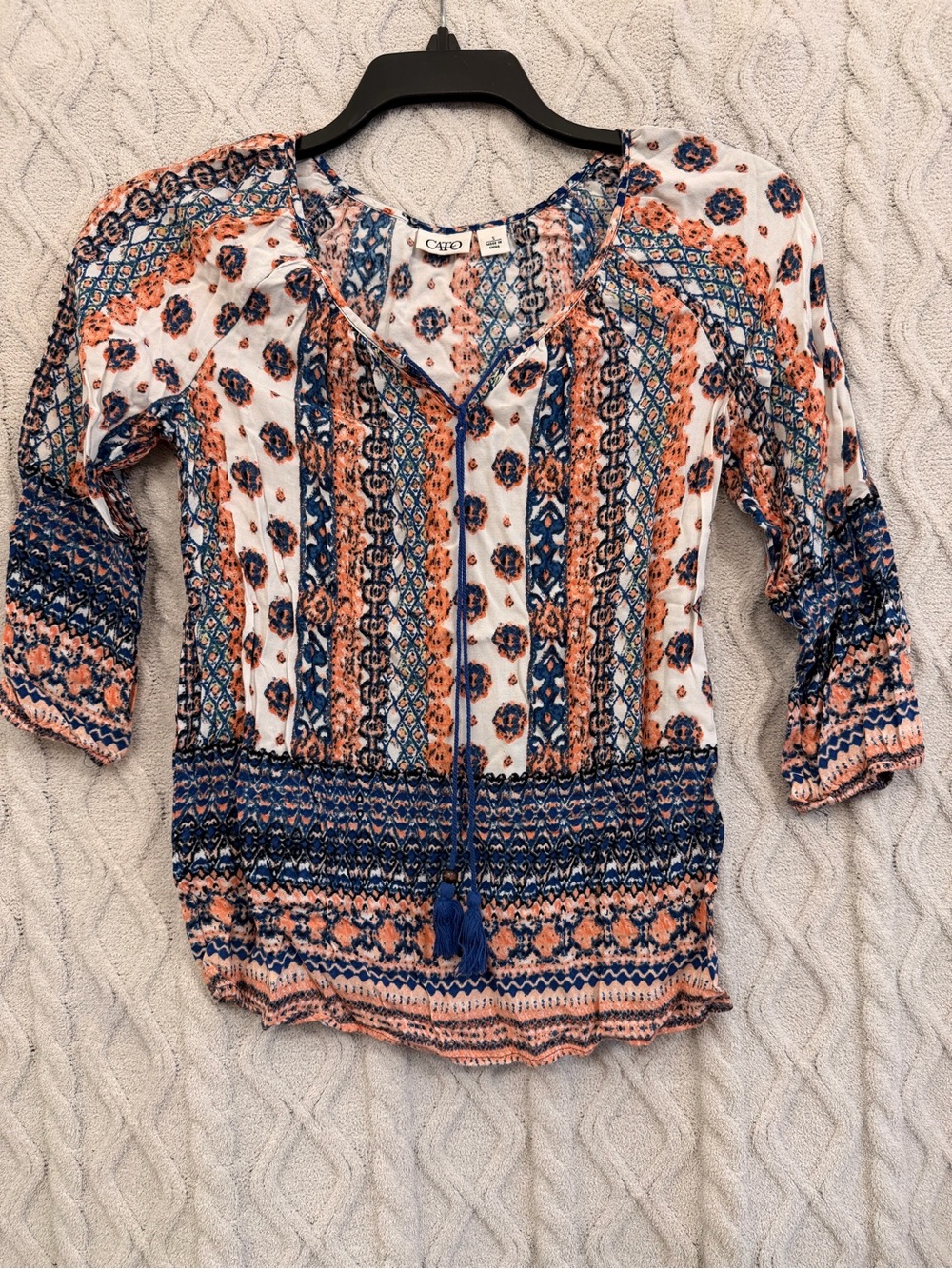 Cato Peach and Navy Printed V-Neck Peasant Top